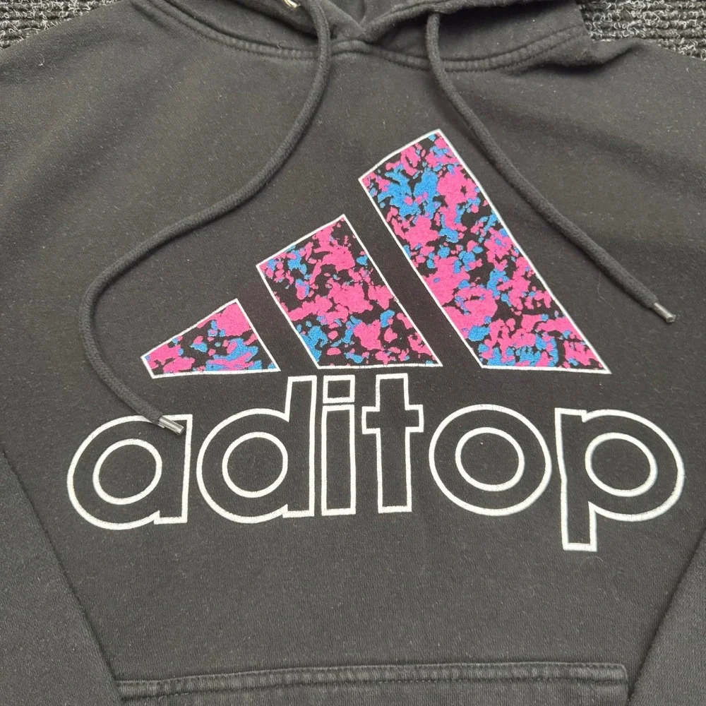 Adidas Aditop Black Graphic Hoodie Pink Blue Splatter‎ Logo Pullover Mens Medium